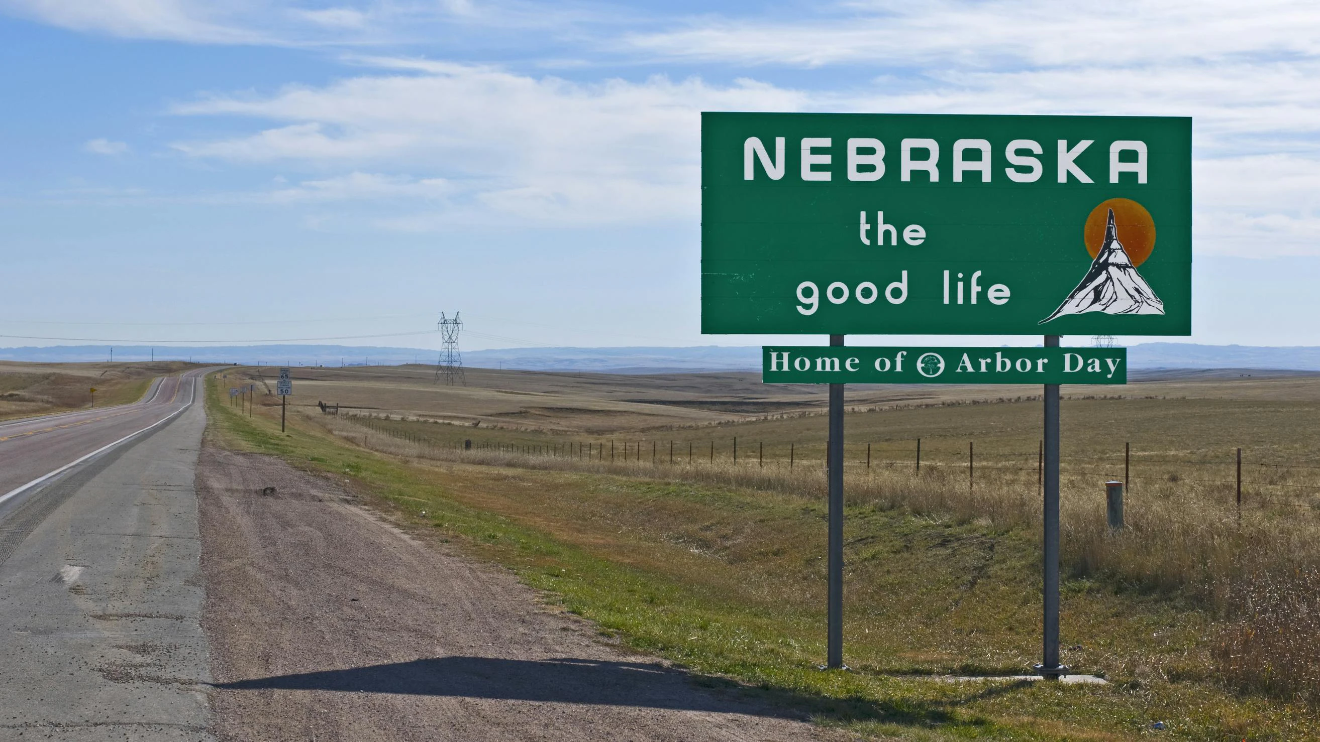 A welcome sign at the Nebraska state line