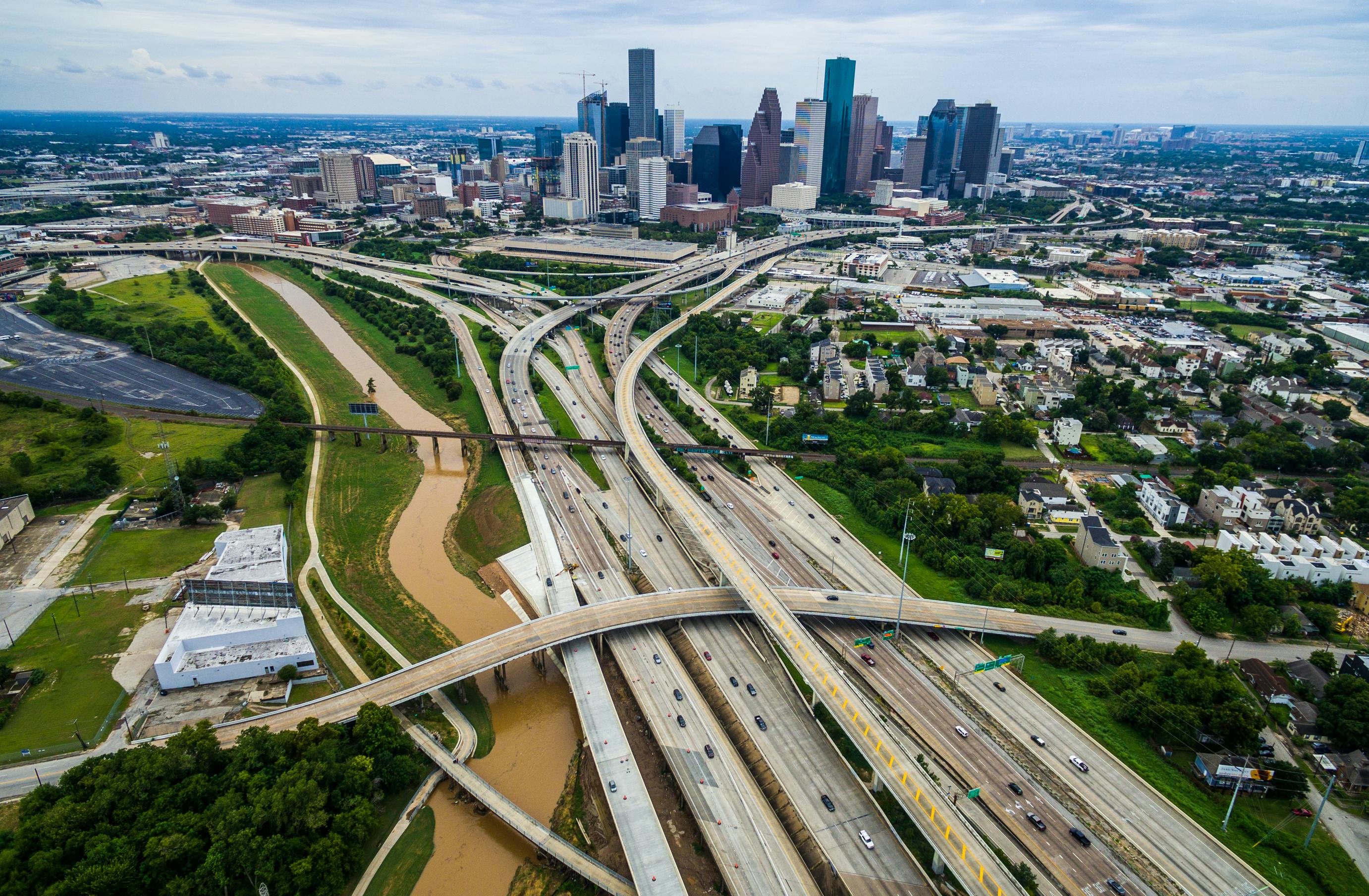 A web of highways entering a U.S. city.