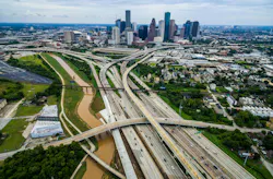 A web of highways entering a U.S. city. A web of highways entering a U.S. city.