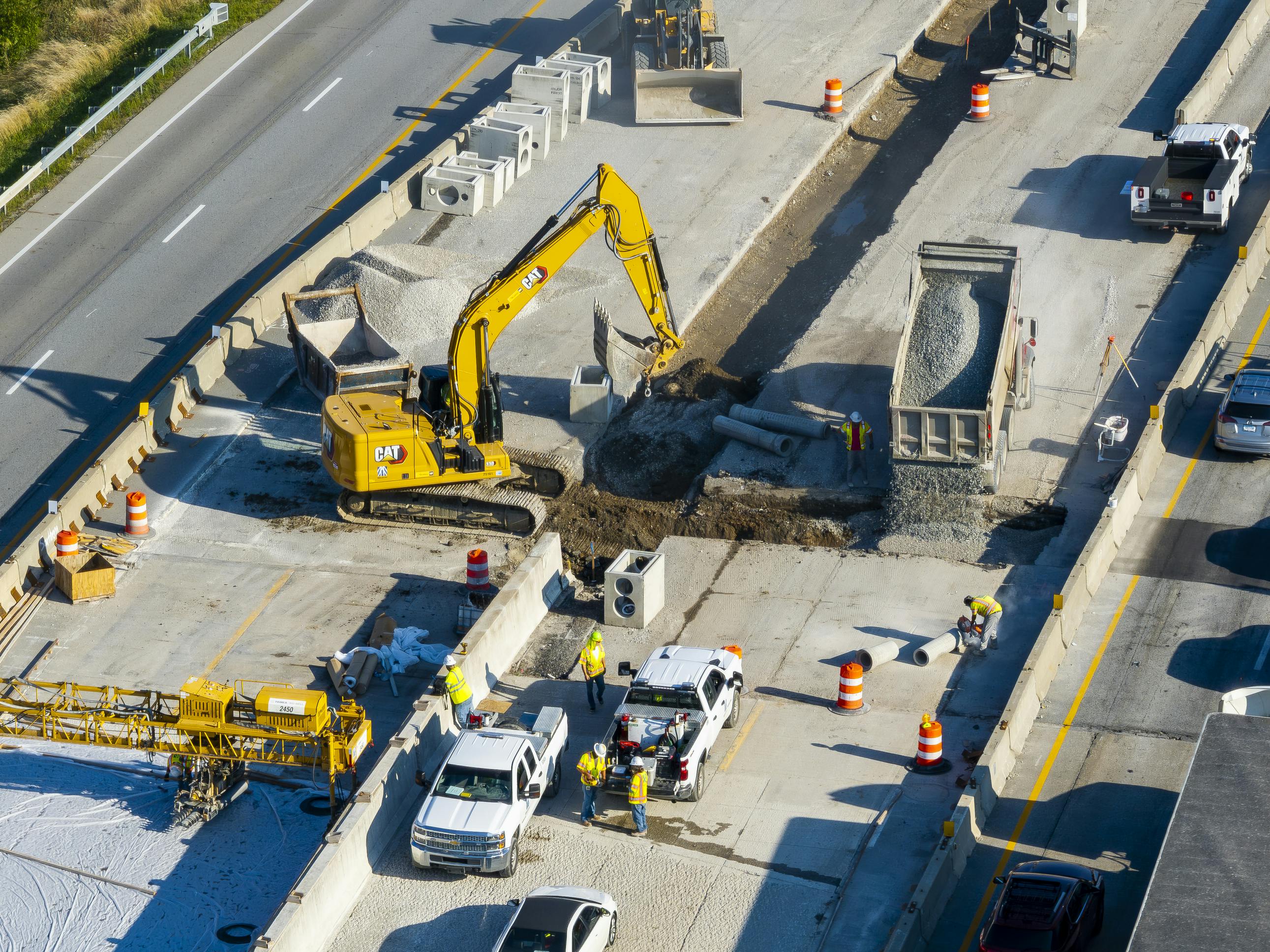 Aerial photo captured the congested traffic queueing through a construction zone on Interstate 65 in Indianapolis, Indiana's Garfield Park neighborhood