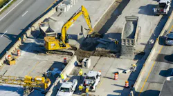 Aerial photo captured the congested traffic queueing through a construction zone on Interstate 65 in Indianapolis, Indiana's Garfield Park neighborhood