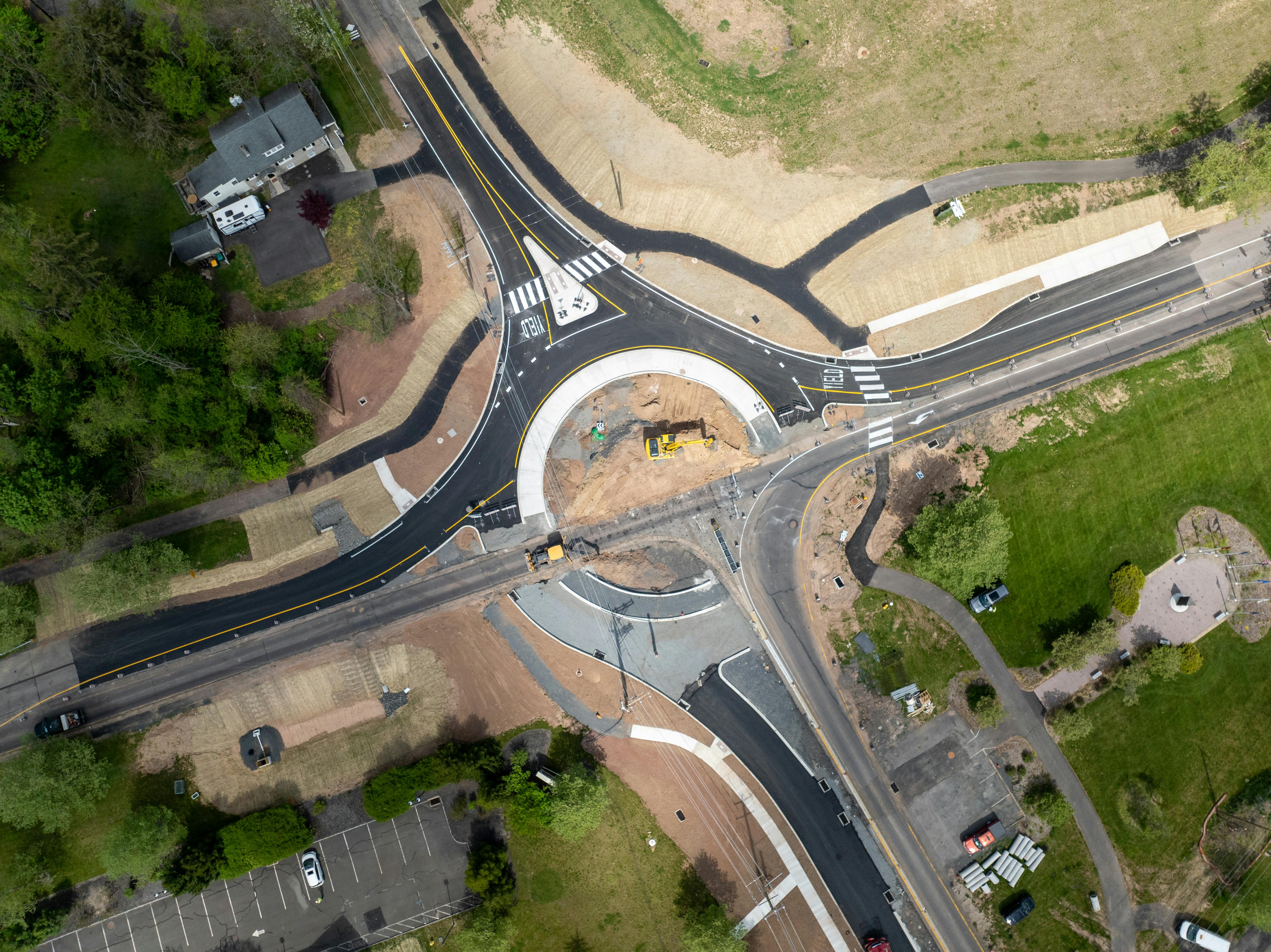 An aerial view of one of the two Easton Road roundabouts during its construction.