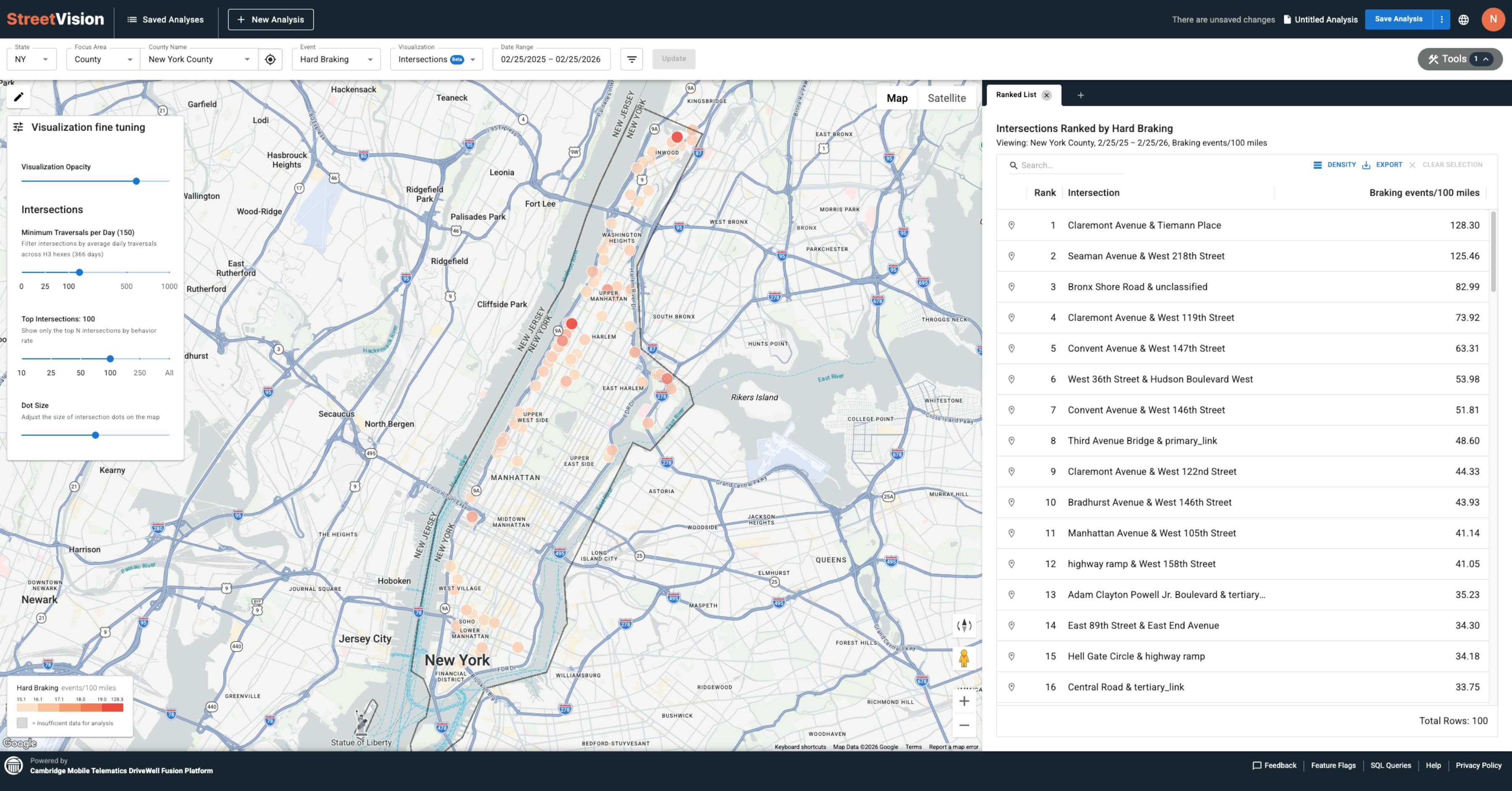 A screenshot of the StreetVision platform displaying data on hard braking in New York City.
