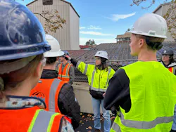 A tour guide showing students with The Beavers the SR 520 Portage Bay Bridge job site in Seattle. A tour guide showing students with The Beavers the SR 520 Portage Bay Bridge job site in Seattle.