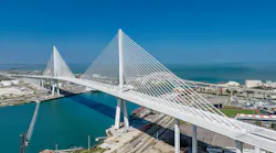 New Harbor Bridge in Corpus Christi, Texas stands tall behind Whataburger Field.
