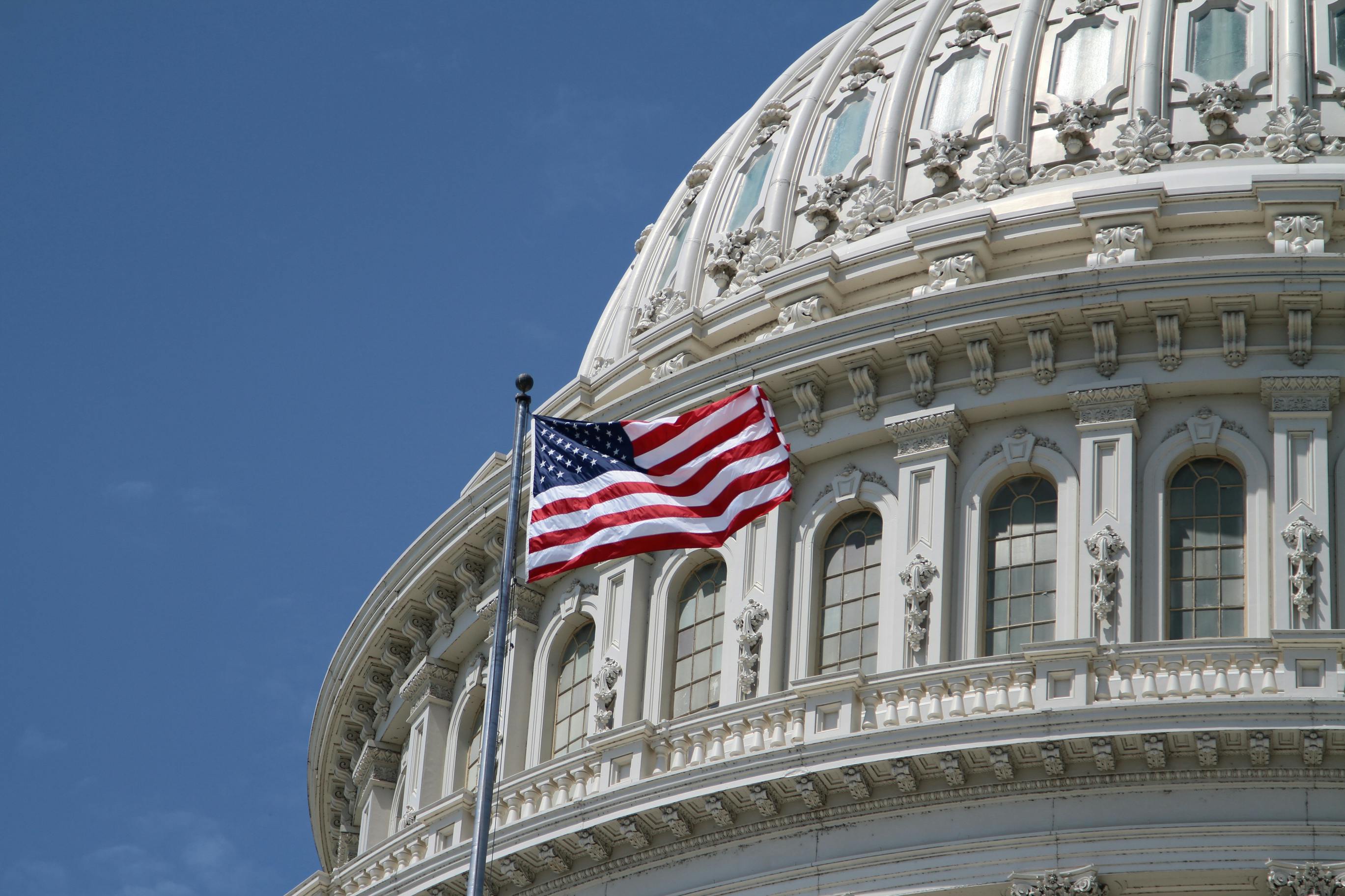 The U.S. Capitol building with a flag waving in the foreground.