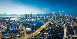Connection points over a city alluding to its interconnectivity. Connection points over a city alluding to its interconnectivity.