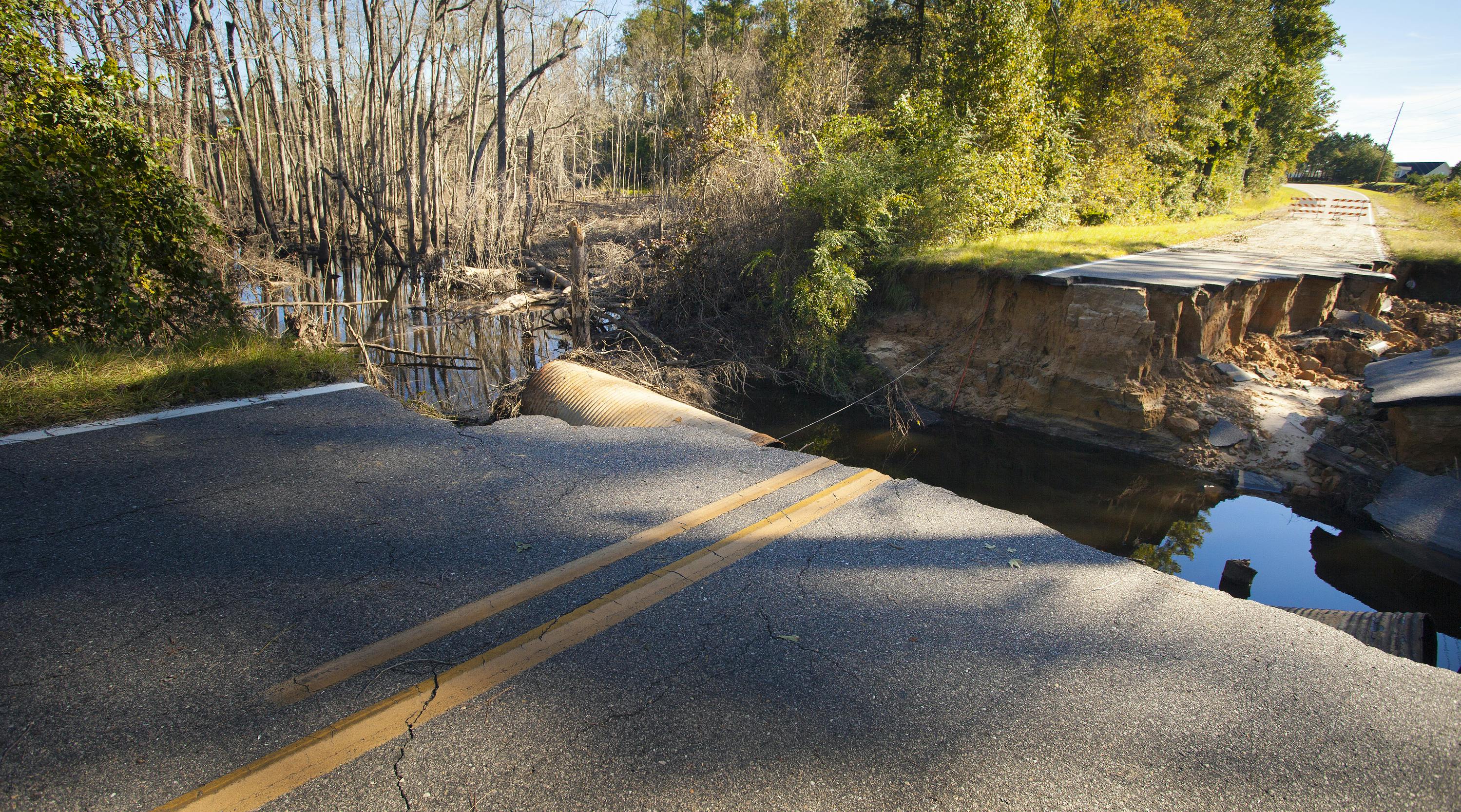 A roadway collapsed in North Carolina during Hurricane Matthew.
