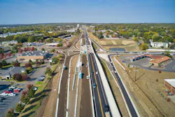 An aerial view of the roadway reconstructed in the 169 Redefine — Elk River project in Elk River, Minnesota.