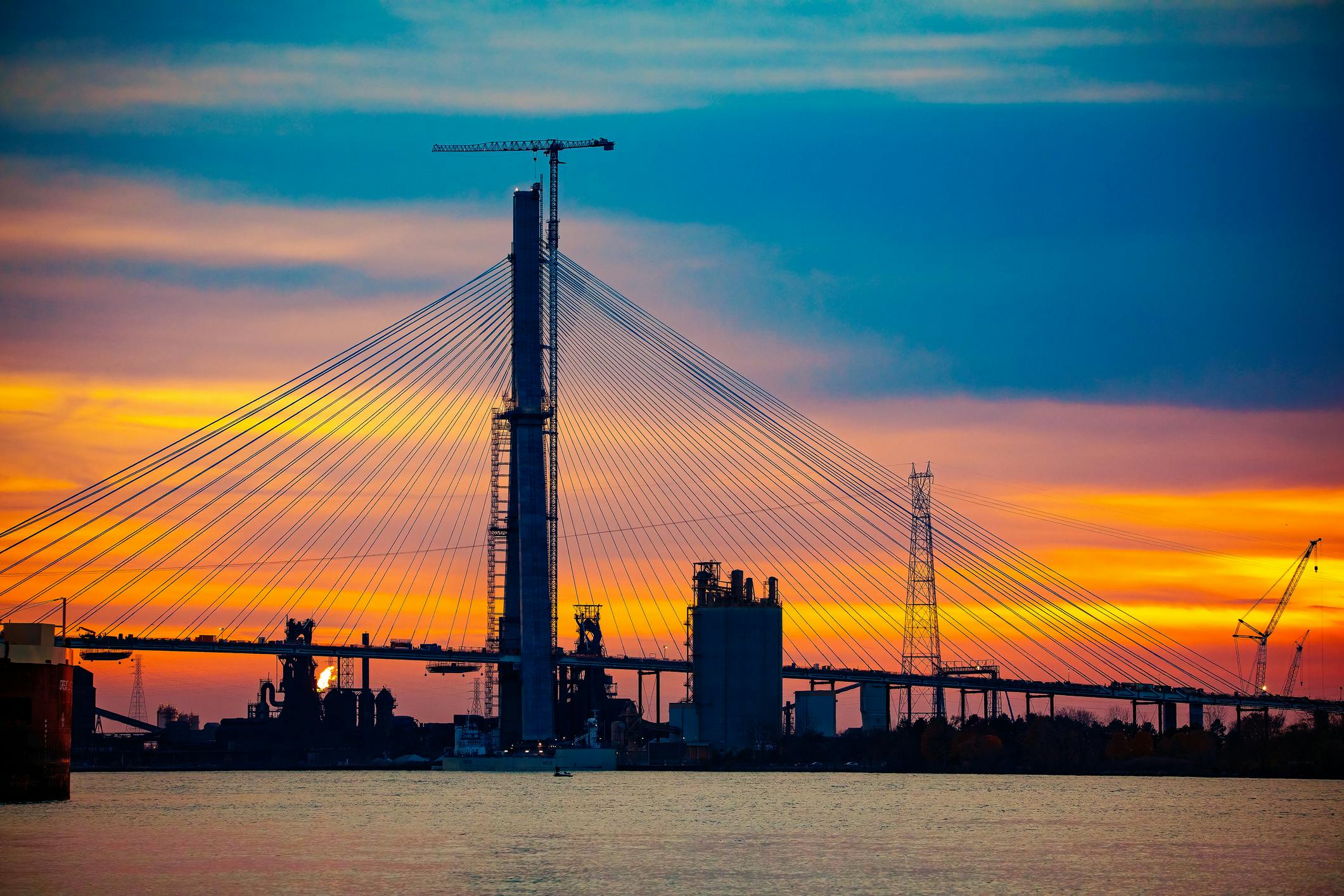 The Gordie Howe International Bridge at sunset.