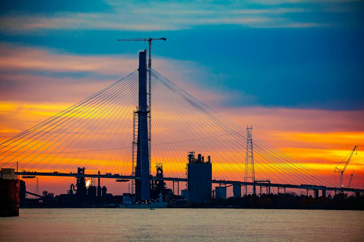 The Gordie Howe International Bridge at sunset.
