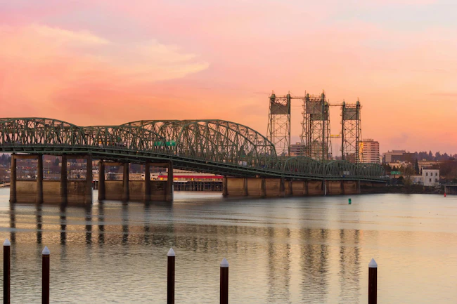The Interstate Bridge crossing the Columbia River between Oregon and Washington.