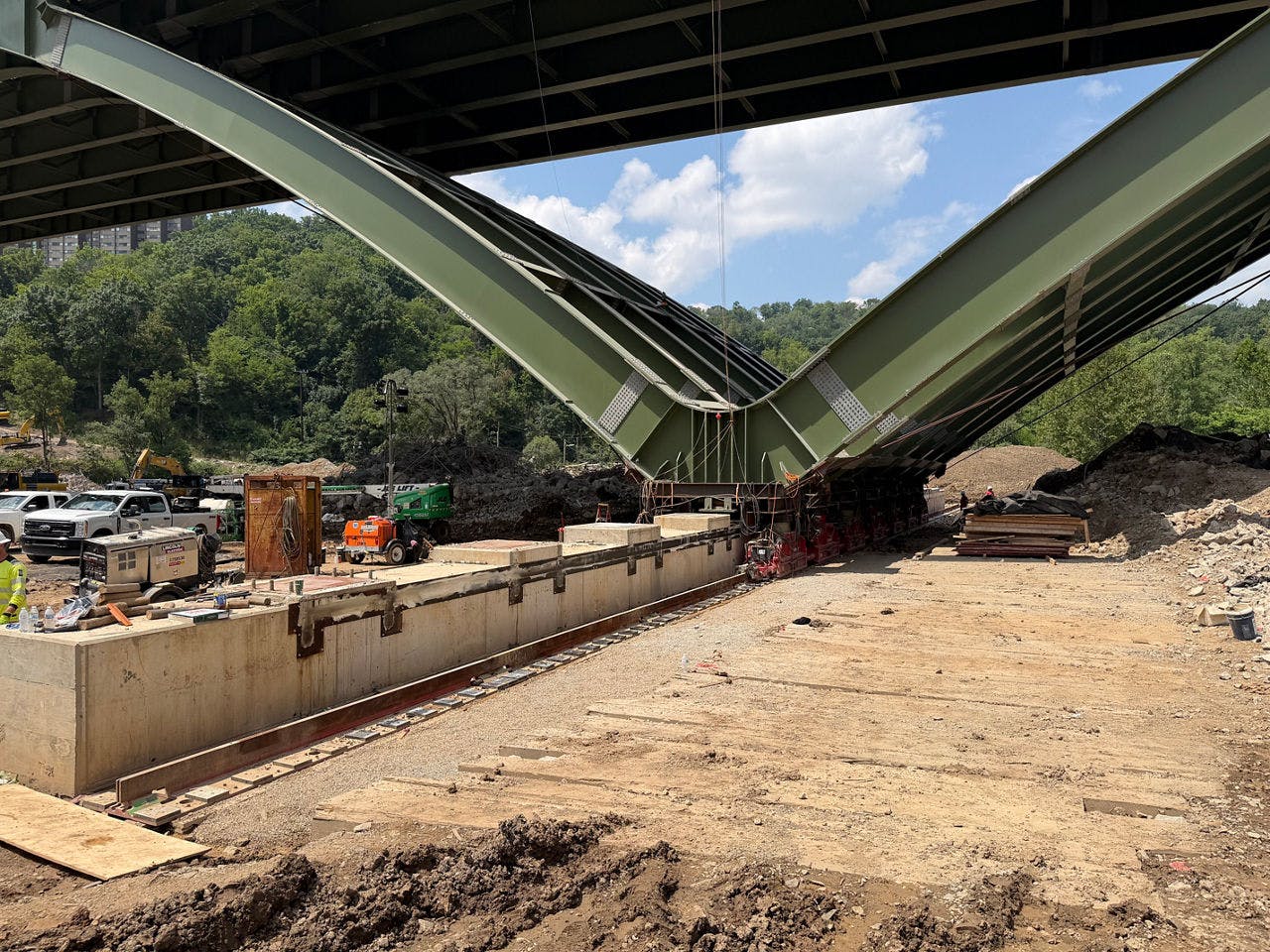 The new Commercial Street Bridge being slid into place.