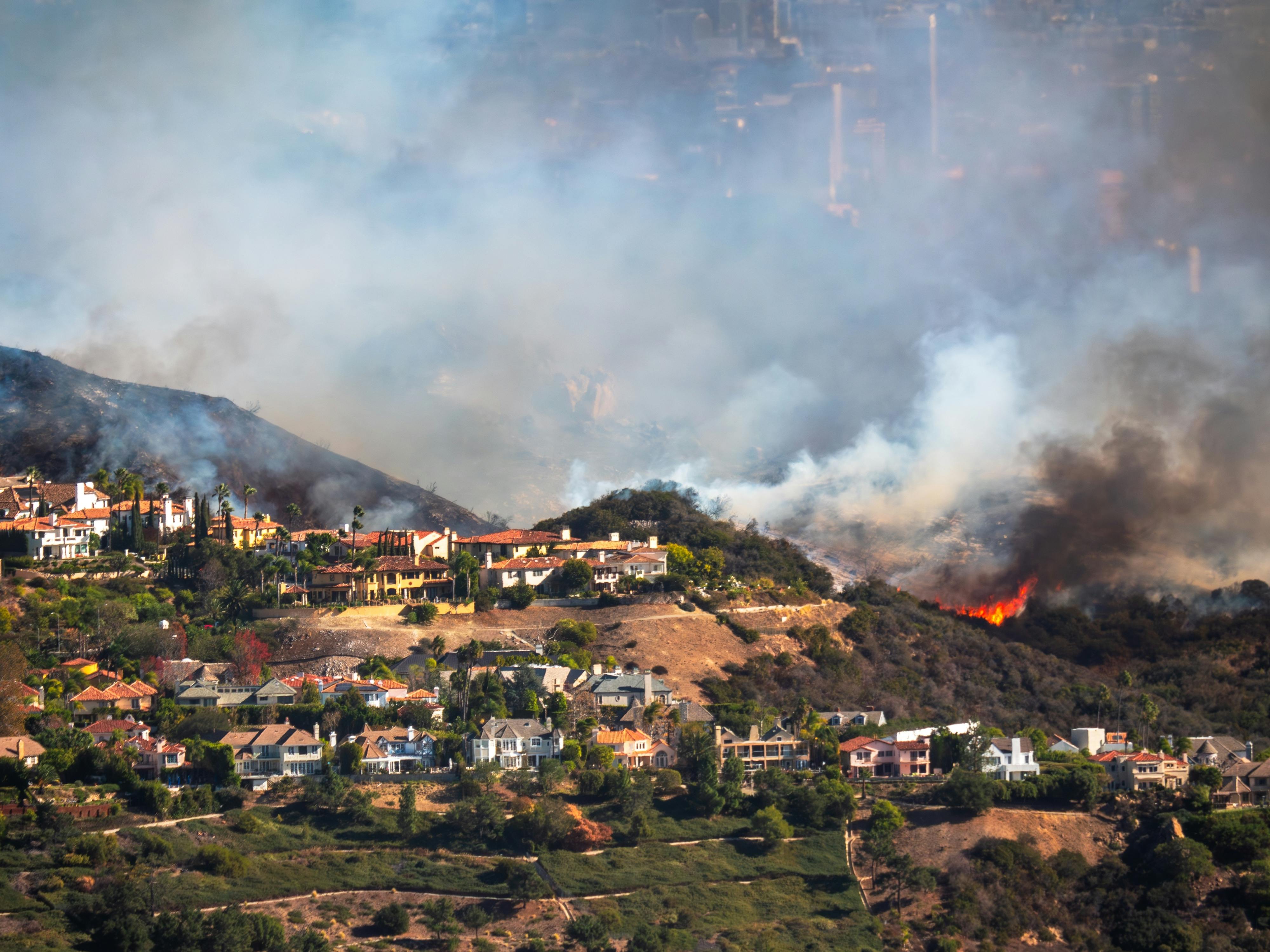 The Palisades wildfire seen burning on a hillside in 2025.