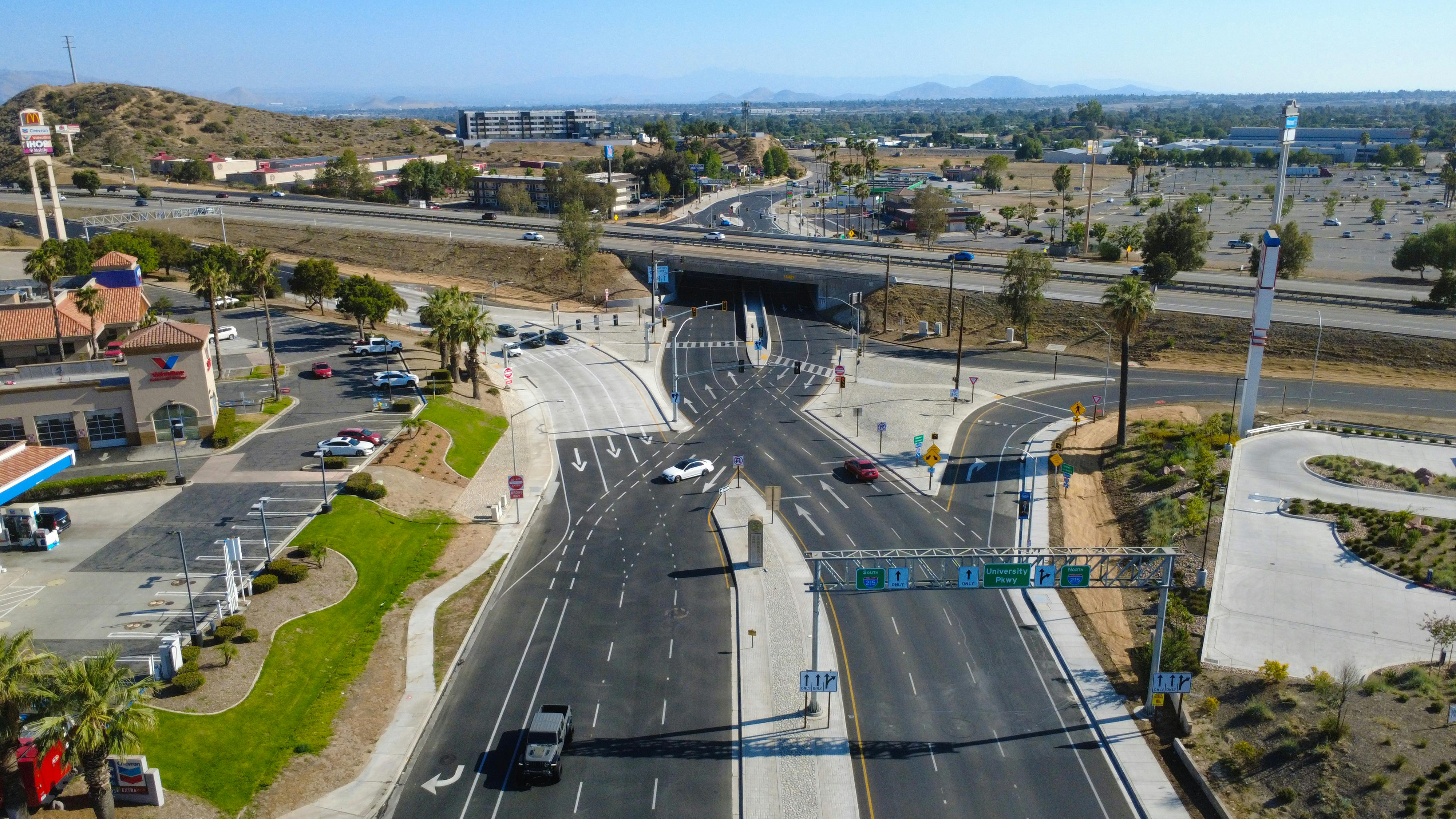 An aerial view of the diverging diamond interchange following the completion of the Interstate 215 University Parkway Interchange project.