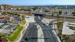 An aerial view of the diverging diamond interchange following the completion of the Interstate 215 University Parkway Interchange project.