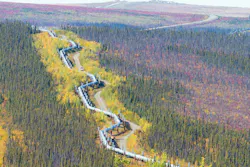 The Trans-Alaska Pipeline running along the Dalton Highway in Alaska.