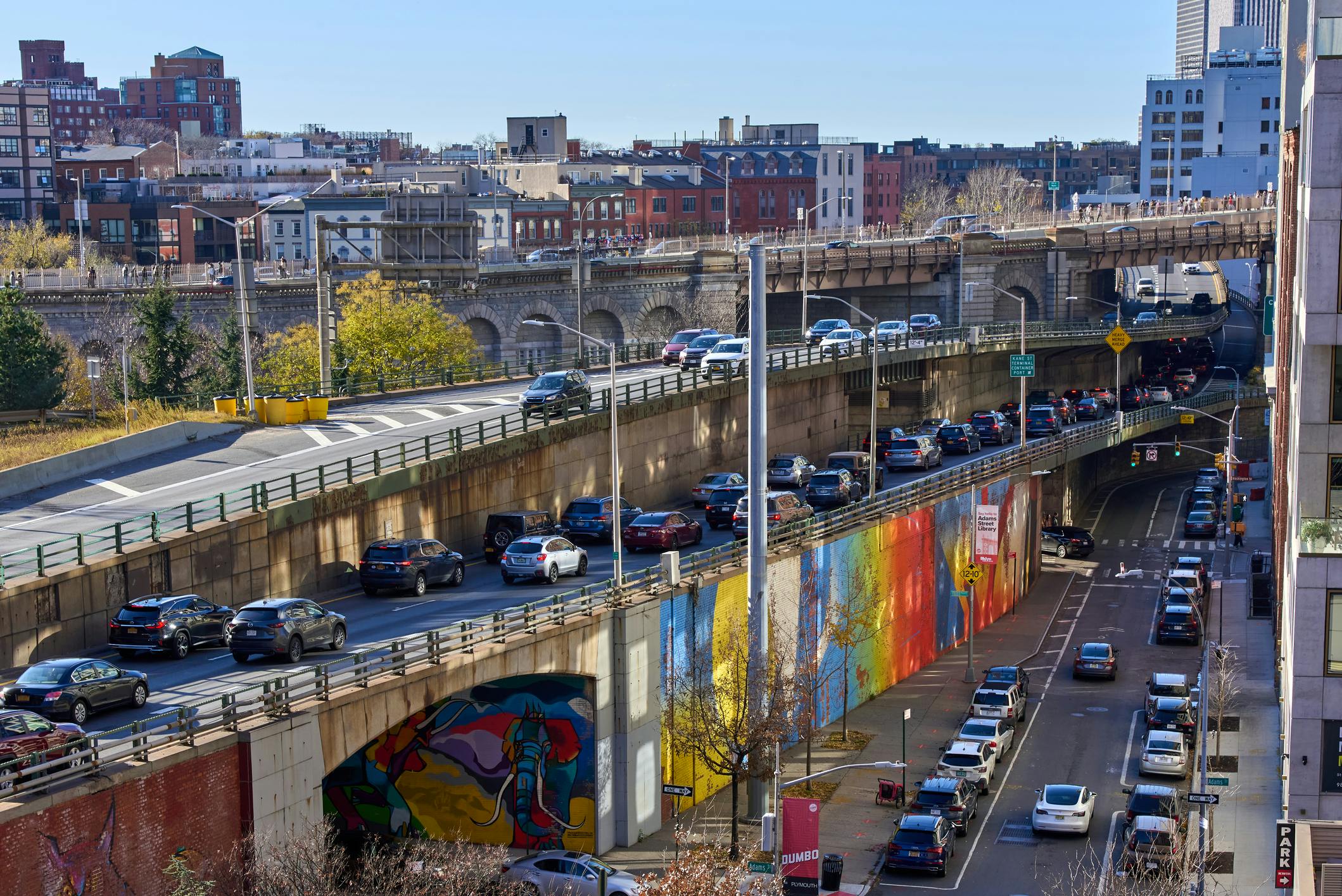 The triple-cantilever section of the Brooklyn-Queens Expressway.