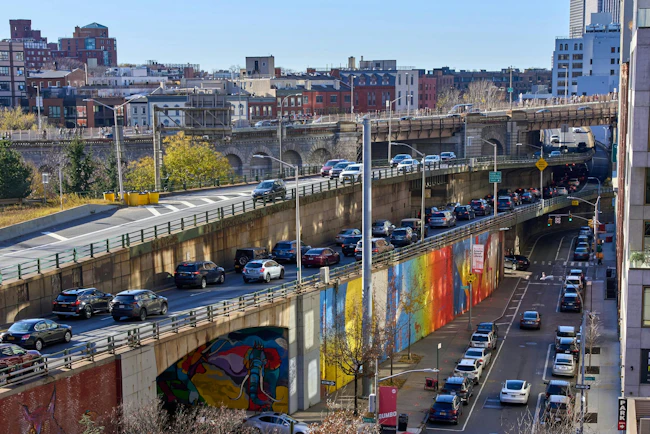 The triple-cantilever section of the Brooklyn-Queens Expressway.