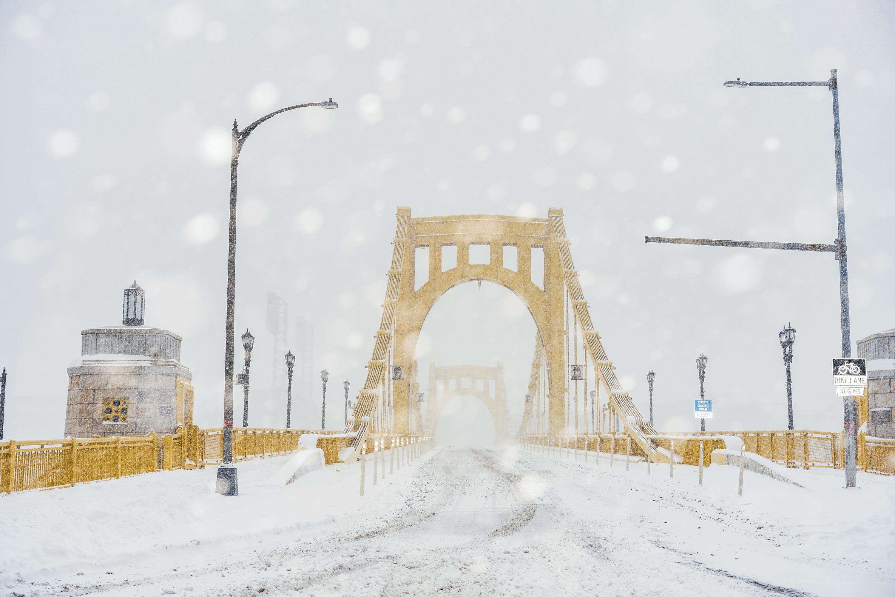 Pittsburgh&rsquo;s Roberto Clemente Bridge covered in snow following a storm in January.