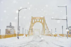 Pittsburgh’s Roberto Clemente Bridge covered in snow following a storm in January.